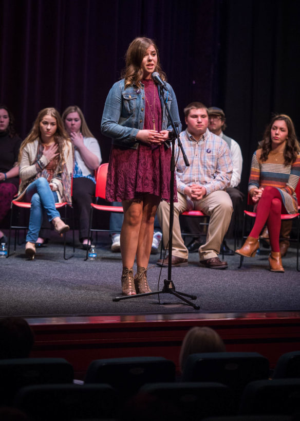 Caroline Handshoe, of George Rogers Clark High School, performs for judges during the second round of the Kentucky State Finals of Poetry Out Loud. Photo by Bobby Ellis, March 7, 2017