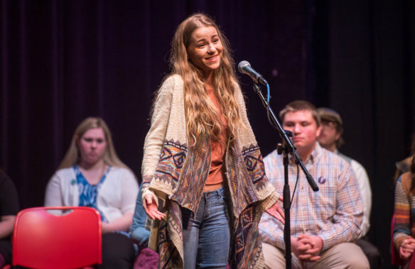 Haley Bryan, a senior at Grant County High School, performs during the second round of the Kentucky State Finals of Poetry Out Loud at the Grand Theatre in Frankfort. Bryan was named the winner of the competition and will travel to Washington, D.C. to compete in the National Finals. Photo by Bobby Ellis, March 7, 2017