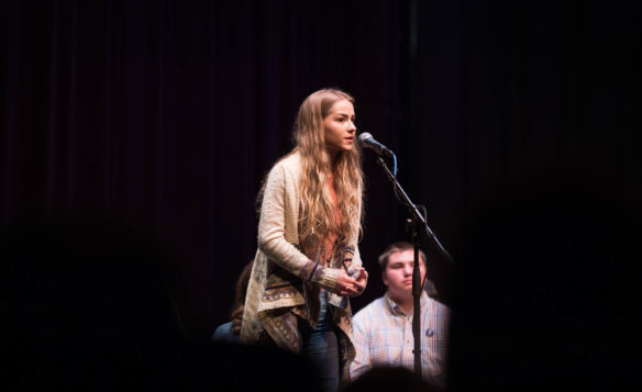 Haley Bryan, a senior at Grant County High School, performs during the second round of the Kentucky State Finals of Poetry Out Loud at the Grand Theatre in Frankfort. Bryan was named the winner of the competition and will travel to Washington, D.C. to compete in the National Finals. Photo by Bobby Ellis, March 7, 2017