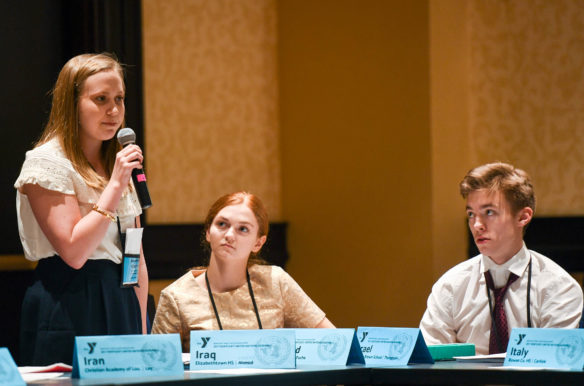 Macee Pennington, a junior at Rowan County High School, speaks as a representative of France during the KUNA Security Council. The Security Council dealt with issues such as the Syrian Refugee crisis, international space programs and global warming. Photo by Bobby Ellis, March 13, 2017