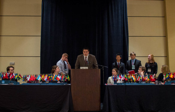 Students present their case for and against a proposal during the General Assembly at KUNA. Photo by Bobby Ellis, March 13, 2017