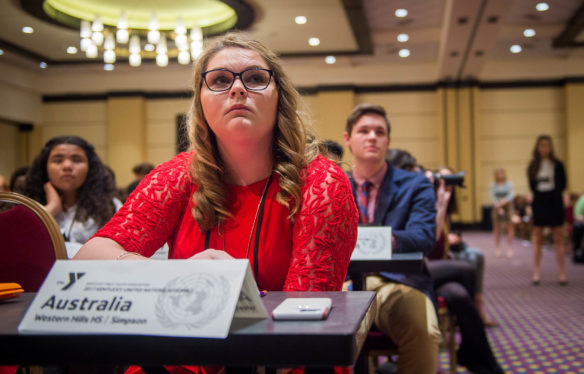Addison McCown, a freshman at Western Hills High School (Franklin County), listens to a proposal over countries privatizing water sources during the General Assembly at KUNA. Photo by Bobby Ellis, March 13, 2017j
