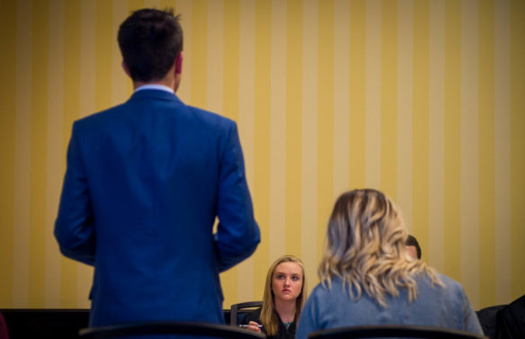 Bethany Schagane, a senior at Western Hills High School (Franklin County), a judge on the KUNA International Criminal Court listens to evidence during a case about Japanese whaling. Photo by Bobby Ellis, March 13, 2017