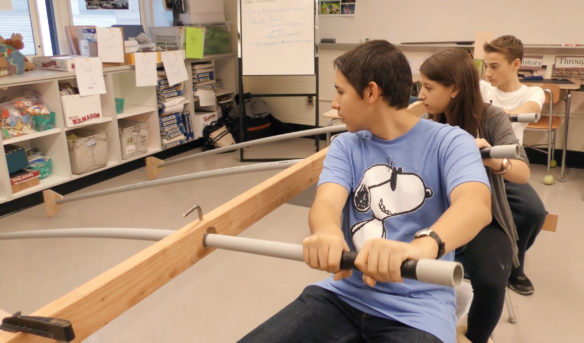 Students from Laurie Bisconti’s 8th-grade world history class at Heritage Middle School in Livingston, N.J., simulate Athenian oarsmen from the 8th century B.C.E. This hand-on lesson helps students understand the large impact technology has had and continues to have on civilizations. Submitted photo by Kelly McKenna