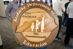 And this is the wooden Kentucky Department of Education logo that was made by Breckinridge County students. The logo will hang in the KDE offices in Frankfort. Photo by Mike Marsee, April 13, 2017