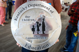 This is the metal Kentucky Department of Education logo that was made by Breckinridge County students. The logo will hang in the KDE offices in Frankfort. Photo by Mike Marsee, April 13, 2017