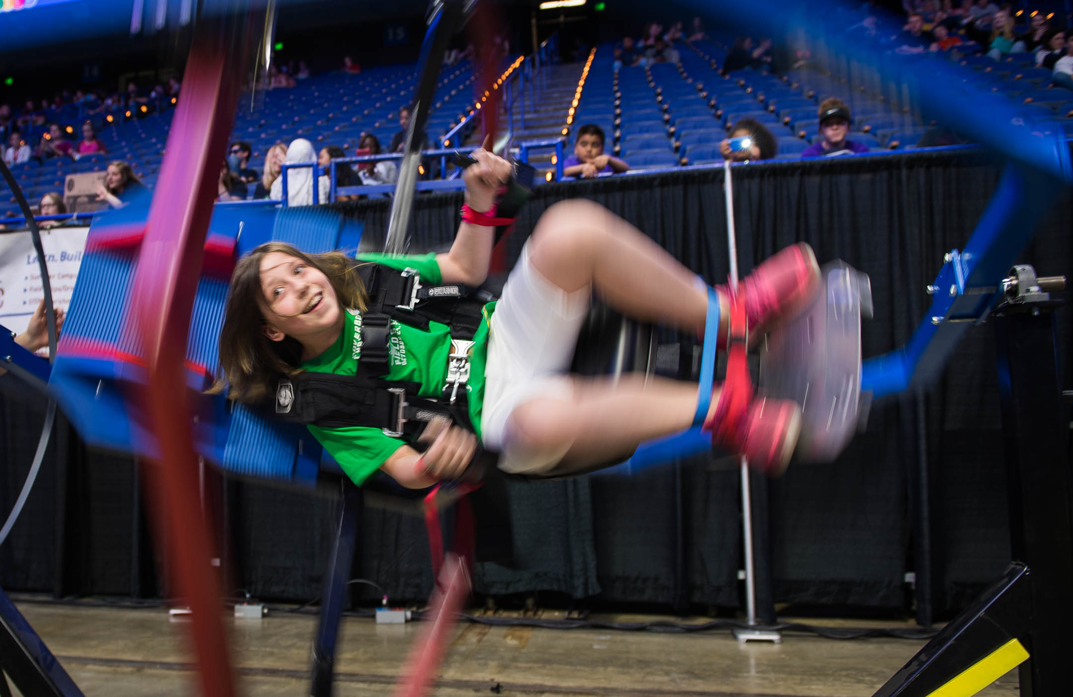 Isabell Hagan, a 5th-grader at Field Elementary School (Jefferson County), rides on a gyroscopic chair at the STLP State Championship. Photo by Bobby Ellis, April 12, 201`7