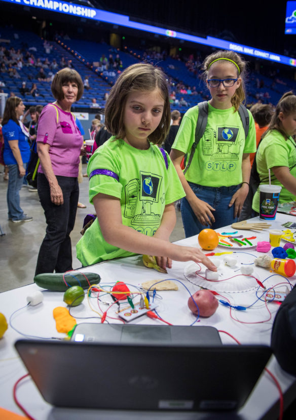 Sarah Blackaby of Northern Elementary (Pendleton County) plays with a Makey Makey circuit board, using a marshmallow to control a computer.
