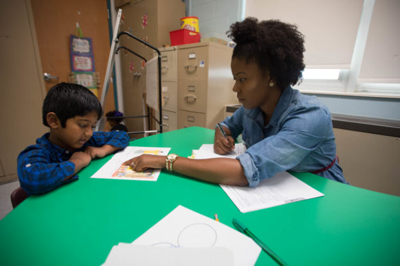 Darden Marleisha, a kindergarten teacher at Brandeis Elementary (Jefferson County), works with a student during her class. Throughout May, Kentucky Teacher is celebrating Teacher Appreciation Month. Tune in daily to the Kentucky Department of Education’s Facebook page and Twitter feed to take a look at some of the great men and women we’ve had the chance to meet in classrooms across the Commonwealth. Photo by Bobby Ellis, Aug. 31, 2016