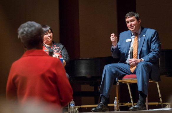 Kentucky Commissioner of Education Stephen Pruitt responds to a comment during a town hall meeting at Kentucky School for the Blind in Louisville. Pruitt held 10 town hall meetings across the state to gather feedback on Kentucky's proposed accountability system, which will come before the Kentucky Board of Education next month. Photo by Bobby Ellis, March 22, 2017