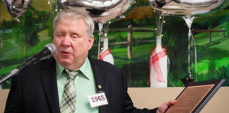 Adam Ruschival gives a speech after being awarded the 2017 Paul J. Langan Distinguished Service Award at the Kentucky School for the Blind 175th Anniversary Founder's Day Dinner. Ruschival graduated from KSB in 1965 and returned to the school as the program manager of the Kentucky Instructional Materials Resource Center in 1987, where he stayed until his retirement in 2004. Photo by Bobby Ellis, May 9, 2017