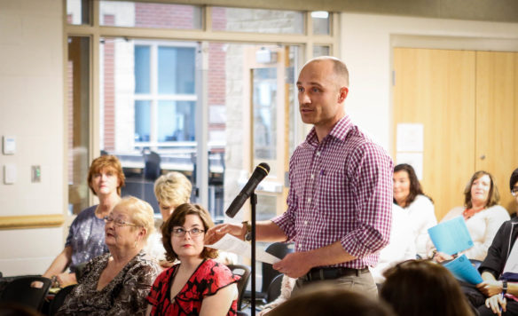 Ryan New, a social studies teacher at Boyle County High School, makes a point during a town hall meeting at the Laurel County Center for Innovation in London. New said one thing he likes about Kentucky's proposed accountability system is that it eliminates the inclination to compete against other schools. Photo by Mike Marsee, April 13, 2017