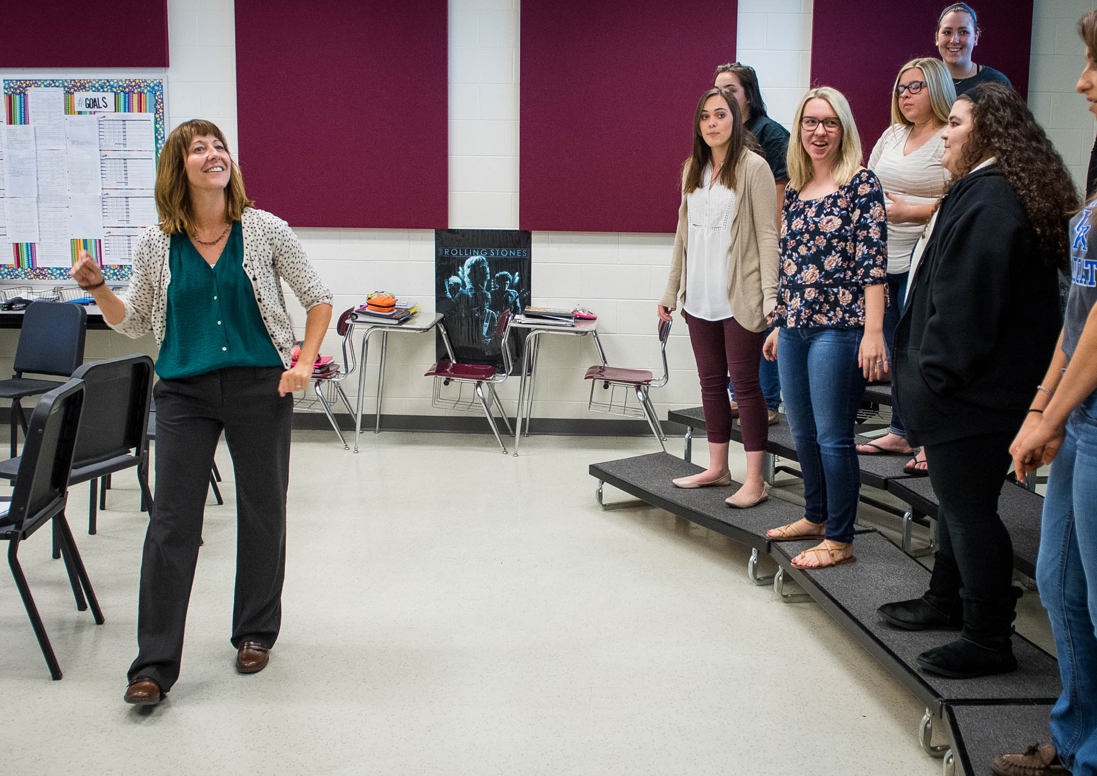 Kellie Clark directs her students while practicing a piece during class. Clark, the 2018 Kentucky Teacher of the Year, asked students what feelings the composer made them feel as a way to help them forge deeper connections to musical pieces. Photo by Bobby Ellis, April 21, 2017