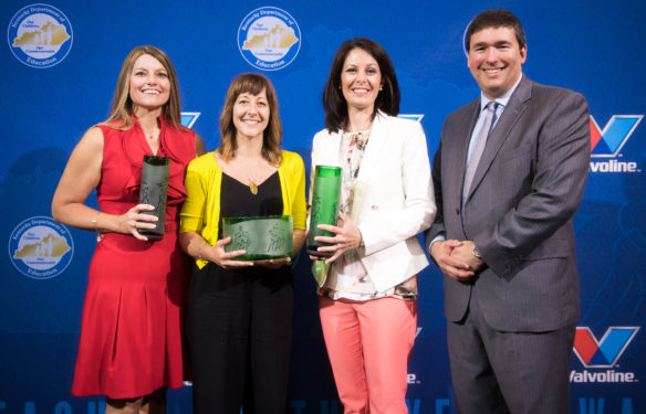 (From left) Belinda Raye Furman, the 2018 Kentucky Elementary School Teacher of the Year from Sherman Elementary (Grant County); Kellie Clark, the 2018 Kentucky Teacher of the Year from Randall K. Cooper High School (Boone County); Jennifer Meo-Sexton, the 2018 Kentucky Middle School Teacher of the Year from Bondurant Middle School (Franklin County) and Commissioner of Education Stephen Pruitt pose for a photo after the Kentucky Teacher of the Year Ceremony in the Capitol rotunda in Frankfort. Photo by Bobby Ellis, May 16, 2017