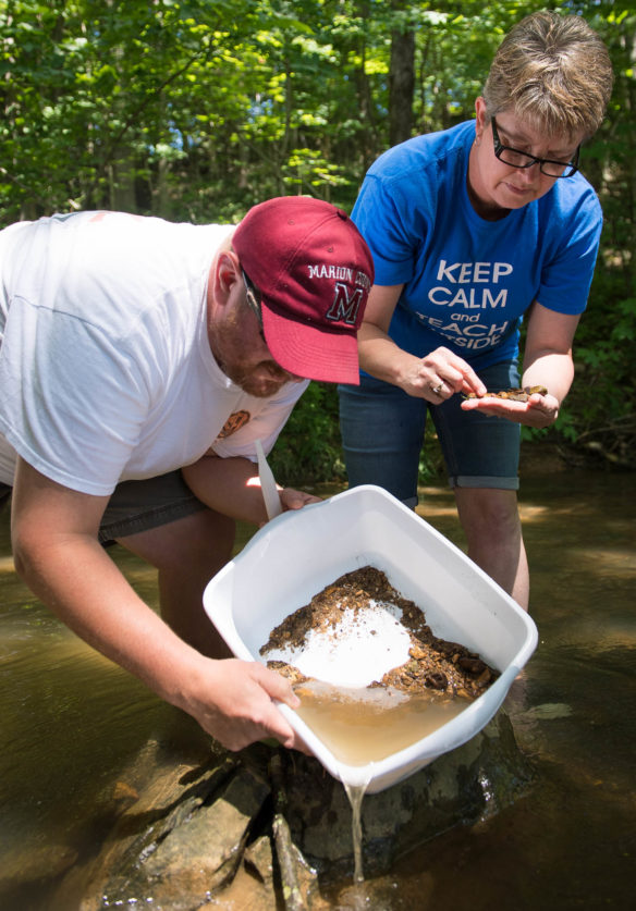 Keith Hamm, of Marion County High School, and Debbie Sherfey, of Temple Hill Elementary (Barren County) pan for wildlife during a water quality workshop. Photo by Bobby Ellis, May 31, 2017