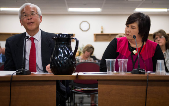 Kentucky Department of Education Associate Commissioner Rhonda Sims, right, and Brian Gong, facilitator of the Accountability Steering Committee, present the proposed new accountability system to the Kentucky Board of Education during their June meeting. Photo by Bobby Ellis, June 7, 2017