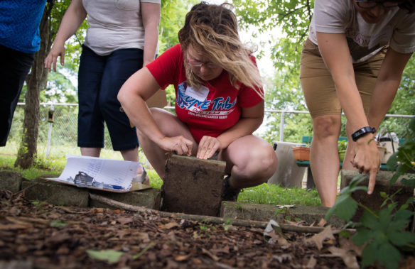 Becca Williams, a teacher at Madison Central High School (Madison County), looks under a rock for wildlife during the outdoor learning symposium. Photo by Bobby Ellis, June 15, 2017