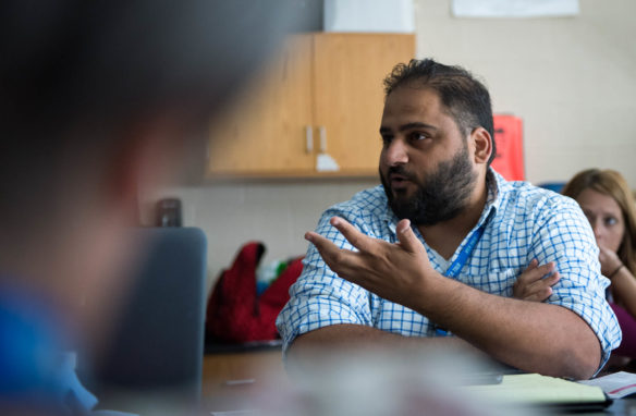 Harsh Upadhyay, a mathematics teacher at Seneca High School (Jefferson County), asks a question during Michelle Hendricks' seminar at the Let's TALK conference. Upadhyay said classroom efficiency is as important in high school as it is in elementary school. Photo by Bobby Ellis, June 12, 2017