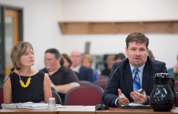 Amanda Ellis, left, and Anthony Mires update the Kentucky Board of Education about AdvanceKentucky, an initiative to increase access to and success in Advanced Placement courses, especially for low income and minority students. The group's newest cohort of schools enroll 5,900 students – 70 percent of whom are low income and 20 percent of whom are a minority. Photo by Bobby Ellis, Aug. 3, 2017