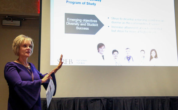 Laura Arnold, associate commissioner for Career and Technical Education for the Kentucky Department of Education, said the new nursing pathway allows students to begin working toward a bachelor’s degree in high school and gives them a clear path to follow after high school. Photo by Brenna R. Kelly, Sept. 18, 2017.