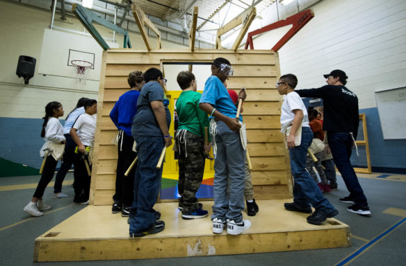 Fifth grade students at Lansdowne Elementary (Fayette County) build a house during the "Hammering Home Math" program. Photo by Bobby Ellis, Oct. 19, 2017