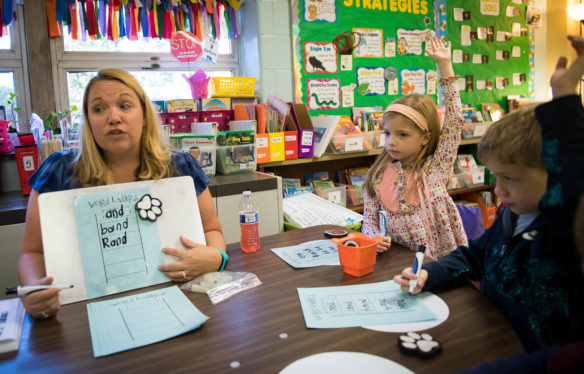 Tiffany Brown, a 1st-grade teacher at Norton Elementary (Jefferson County), works on reading comprehension with her students during class. Photo by Bobby Ellis, Oct. 26, 2017