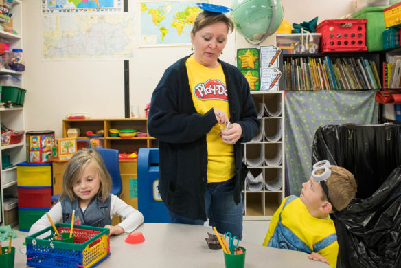 Gina Lawson, a kindergarten teacher at Huntertown Elementary, dressed as Play-Doh for the school's Halloween celebration. Photo by Bobby Ellis, Oct. 31, 2017