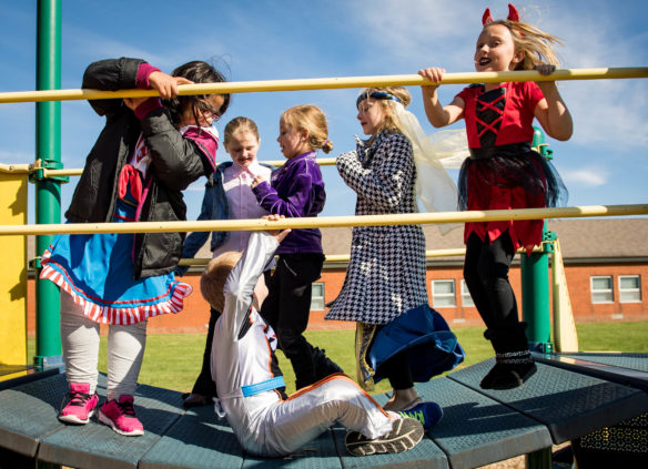 Huntertown Elementary students play during recess on Halloween. Photo by Bobby Ellis, Oct. 31, 2017