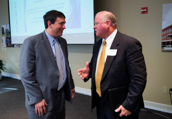 Commissioner of Education Stephen Pruitt speaks with Richard Webb, executive director of the Harrodsburg-Mercer County Industrial Development Authority, at the New Skills for Youth 2017 Fall Forum in Versailles. Webb is the facilitator for a grant to develop one of three regional career academies in New Skills for Youth Kentucky's first year. Photo by Bobby Ellis, Nov. 27, 2017