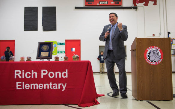 Commissioner Stephen Pruitt gives a speech honoring Rich Pond Elementary being named as a Blue Ribbon School. Photo by Bobby Ellis, Dec. 4, 2017