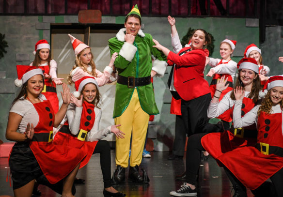 The cast of Elf, Jr. the Musical perform "Sparklejollytwinklejingley." Photo by Bobby Ellis, Dec. 8, 2017