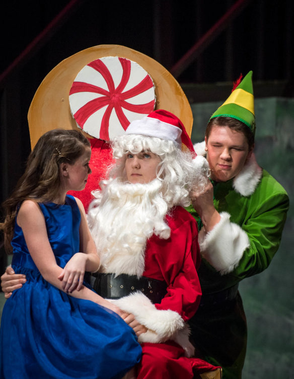 Buddy the Elf, Holden Stamper, exposes a fake santa, Sadie Lawson, during Elf, Jr. the Musical. Photo by Bobby Ellis, Dec. 8, 2017