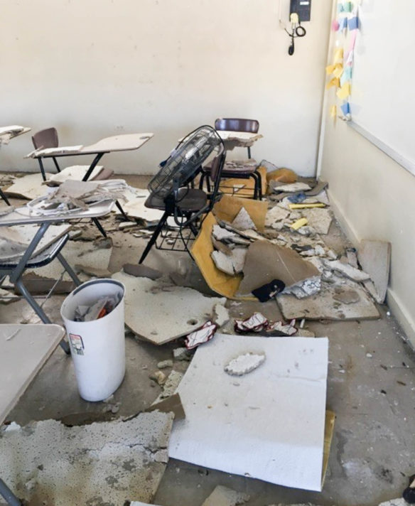 Here is what one classroom at Nuestra Señora de Valvanera High School in Coamo, Puerto Rico, looked like after Hurricane María hit the island in September 2017. As heart-wrenching and tragic as natural disasters of this magnitude can be, they’re also vital to educators as teaching moments. Submitted photo by Evelyn Ortiz