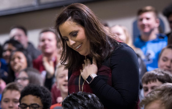 Brooke Powers reacts after her name was called as a Milken award winner during a surprise announcement at a school assembly. Powers began her career in education as an agriculture teacher before finding her passion as a mathematics teacher. Photo by Bobby Ellis, Jan. 9, 2017