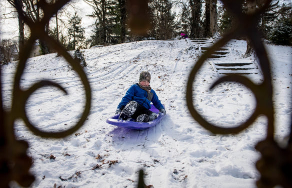 Tanner Park, a 5th-grader at Second Street School (Frankfort Independent), is seen through a fence as he sleds down a hill in Frankfort. Photo by Bobby Ellis, Jan. 13, 2018