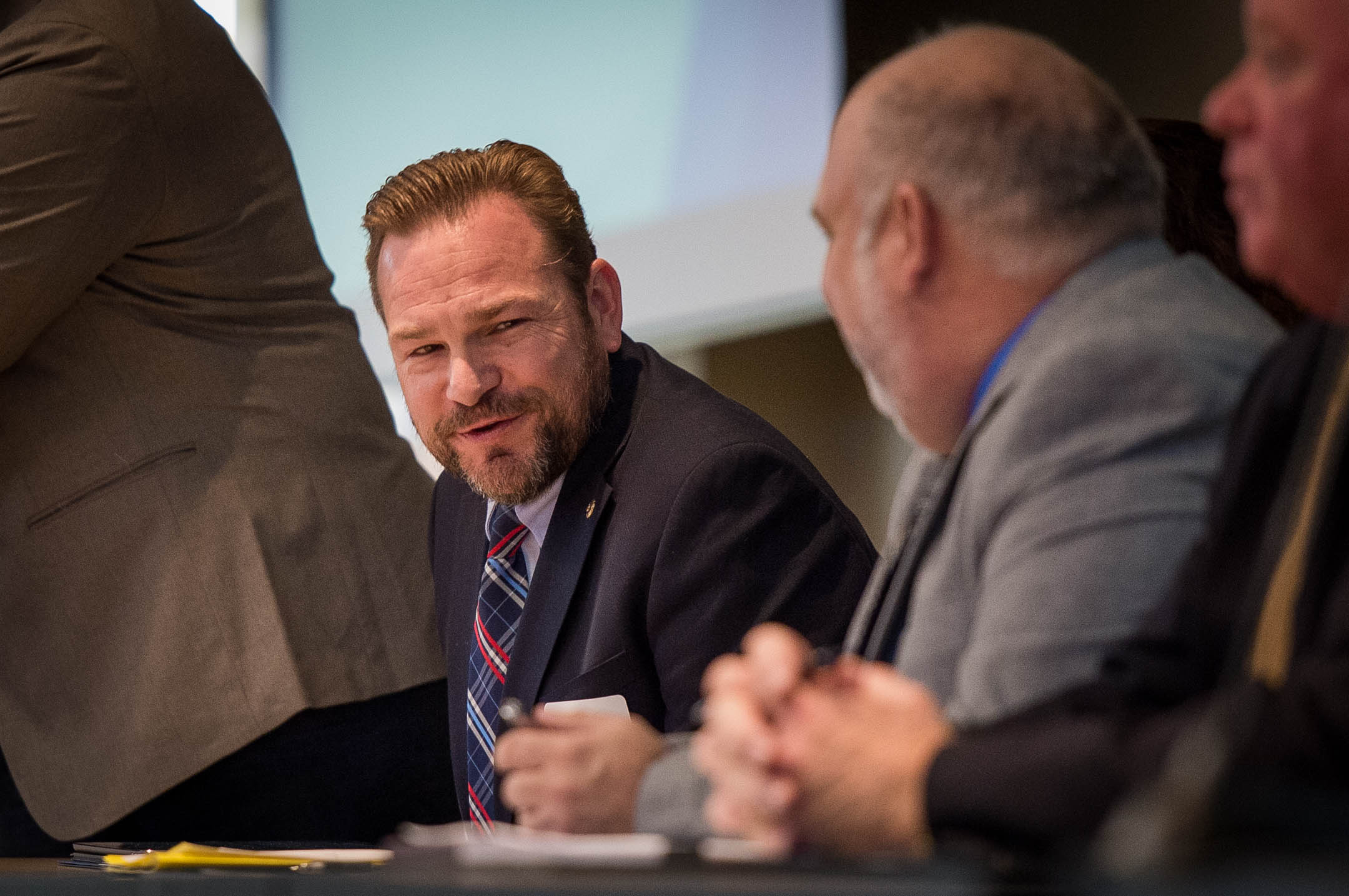 Jim Evans, superintendent of Lee County schools, speaks during a panel discussion at the New Skills for Youth (NSFY) 2017 Fall Forum in Versailles. Evans, who was named 2018 Superintendent of the Year by the Kentucky Association of School Administrators, said partnerships such as those developed in the NSFY program have been critical for his small district as it tries to provide opportunities for its students. Photo by Bobby Ellis, Nov. 27, 2017