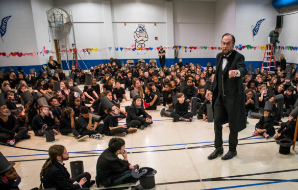 Larry Elliott performs as Abraham Lincoln after the record setting attempt at Lincoln Elementary. Photo by Bobby Ellis, Feb. 14, 2018
