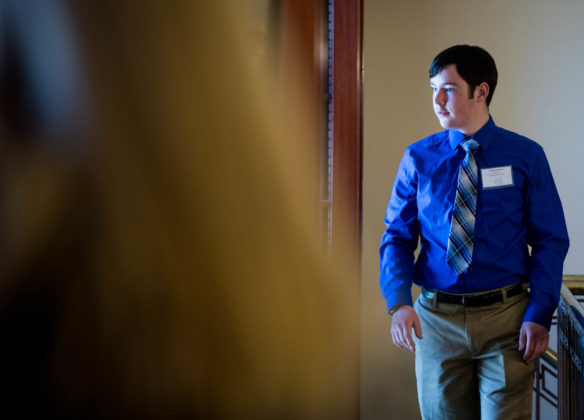 Taylor York, a junior at Hazard High School (Hazard Independent), tours the library at the Kentucky State Capitol during the KVEC Showcase. Photo by Bobby Ellis, March 6, 2018