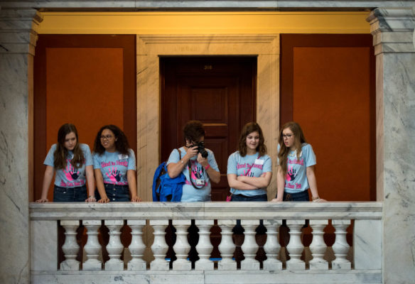 Members of the Johnson County Middle School Community Problem Solving Team take a picture of the Capitol rotunda from the third floor. Photo by Bobby Ellis, March 6, 2018