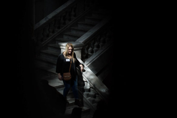 Devan Hall, a 10th-grader at Prestonsburg High School (Floyd County), walks down the third flood staircase of the State Capitol building during the KVEC Showcase. Photo by Bobby Ellis, March 6, 2018