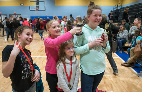 Members of the Brook Elementary (Bullitt County) STEM team pose for pictures after winning the intermediate level District STEM Challenge. Photo by Bobby Ellis, March 8, 2018