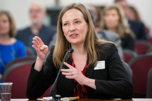 Jennifer Zinth, of the Education Commission of the States, a nonpartisan education organization, presents different high school requirements from across the country to members of the Kentucky Board of Education during the board's April 11 meeting. Photo by Bobby Ellis, April 11, 2018