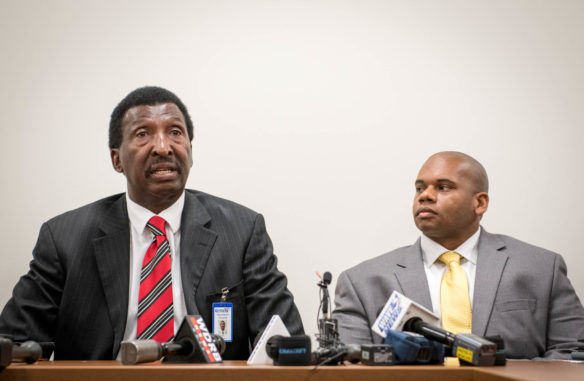 Milton Seymore, left, was elected as the new chairman of the Kentucky Board of Education at the board's April 17 special meeting. Wayne D. Lewis Jr. , right, was named as interim commissioner of education at the same meeting. Photo by Bobby Ellis, April 17, 2018