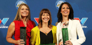 Belinda Raye Furman, from left, the 2018 Kentucky Elementary School Teacher of the Year from Sherman Elementary (Grant County); Kellie Clark, the 2018 Kentucky Teacher of the Year from Randall K. Cooper High School (Boone County); and Jennifer Meo-Sexton, the 2018 Kentucky Middle School Teacher of the Year from Bondurant Middle School (Franklin County) pose for a photo after the Kentucky Teacher of the Year Ceremony last year in the Capitol rotunda in Frankfort. The 2019 Kentucky Teacher of the Year Award winner will be announced in Frankfort in May. Photo by Bobby Ellis, May 16, 2017