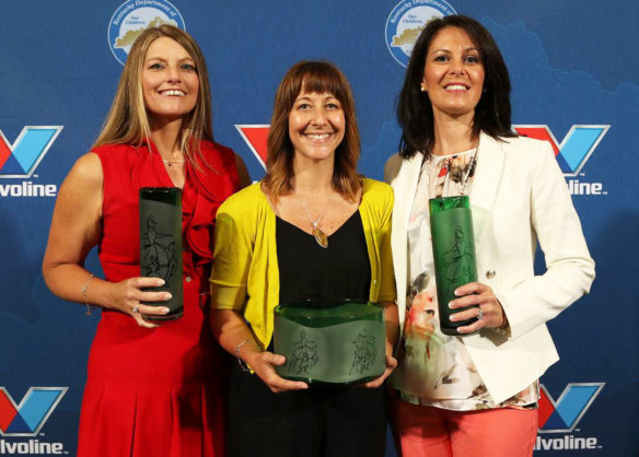 Belinda Raye Furman, from left, the 2018 Kentucky Elementary School Teacher of the Year from Sherman Elementary (Grant County); Kellie Clark, the 2018 Kentucky Teacher of the Year from Randall K. Cooper High School (Boone County); and Jennifer Meo-Sexton, the 2018 Kentucky Middle School Teacher of the Year from Bondurant Middle School (Franklin County) pose for a photo after the Kentucky Teacher of the Year Ceremony last year in the Capitol rotunda in Frankfort. The 2019 Kentucky Teacher of the Year Award winner will be announced in Frankfort in May. Photo by Bobby Ellis, May 16, 2017