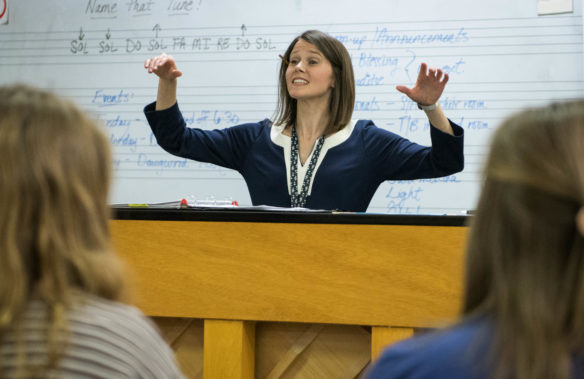 Tiffany Marsh works with her choir students during one of her classes at Paul Laurence Dunbar High School (Fayette County). Marsh was named the 2019 Kentucky High School Teacher of the Year. Photo by Bobby Ellis, May 4, 2018