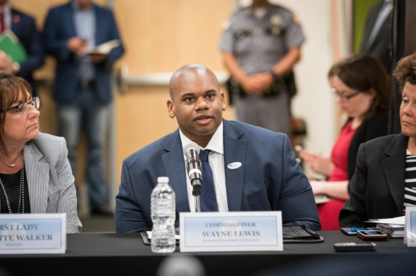 Interim Commissioner Wayne Lewis speaks at the Federal Commission on School Safety listening session held at the Council of State Governments in Lexington, Kentucky on June 26, 2018. Lewis, along with other government officials from Kentucky, Indiana, Tennessee, Wisconsin, Ohio and the federal government discussed ways to increase school safety in the wake of school shootings such as the ones in Marshall County and Parkland, Florida. Photo by Bobby Ellis, June 26, 2018