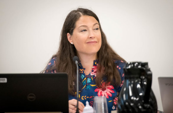 Laura Timberlake listens to testimony during her first Kentucky Board of Education meeting.  Timberlake, who has children in the public school system, said she wants to help ensure a successful future for all of Kentucky's children. Photo by Bobby Ellis, June 6, 2018