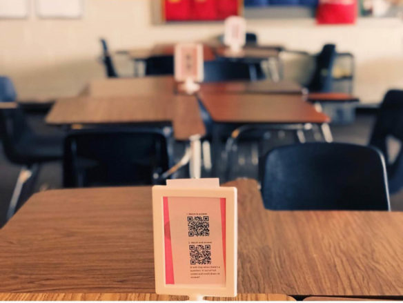 Inexpensive frames can be set up for students each day to provide codes to authentic resources for increased contextualized language exposure. Submitted photo by Meredith White