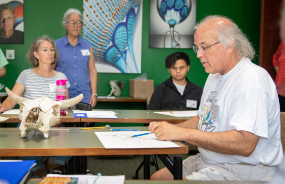 Bill Berryman, a teacher at Sayre School, teaches a drawing and shading class during the 2018 Festival of Learnshops at Berea. Berryman focuses on using contrast and shadows to help add depth and realism to his drawings and sketches. Photo by Bobby Ellis, July 19, 2018